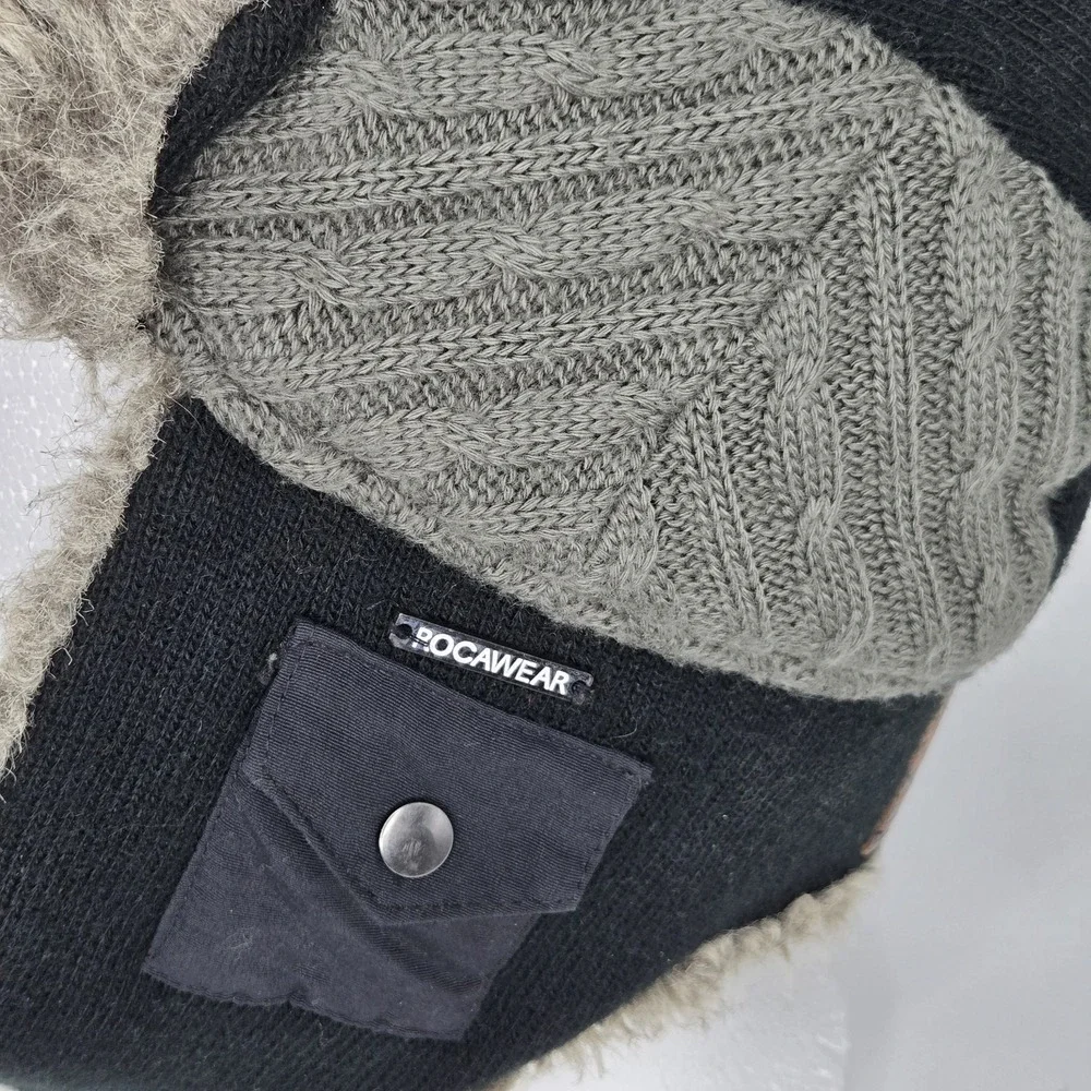 Vtg Rocawear Trapper Hat Faux Fur Ushanka Y2K‎ Cyber Goth Streetwear Black Gray